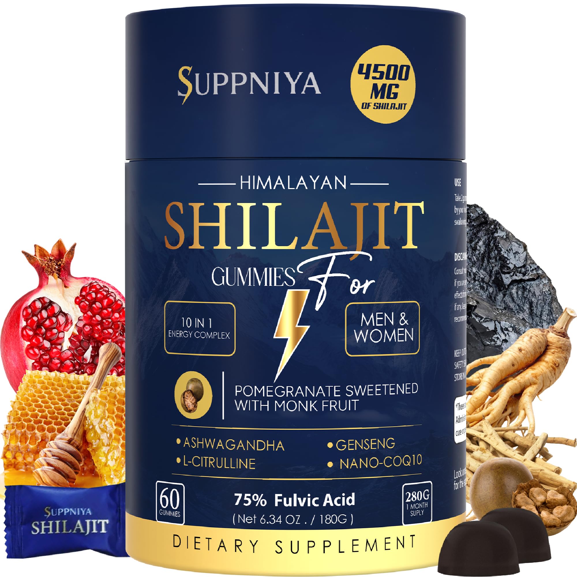 Suppniya gummy jar surrounded by pomegranate, honeycomb, Shilajit resin, ashwagandha root and monk fruit
