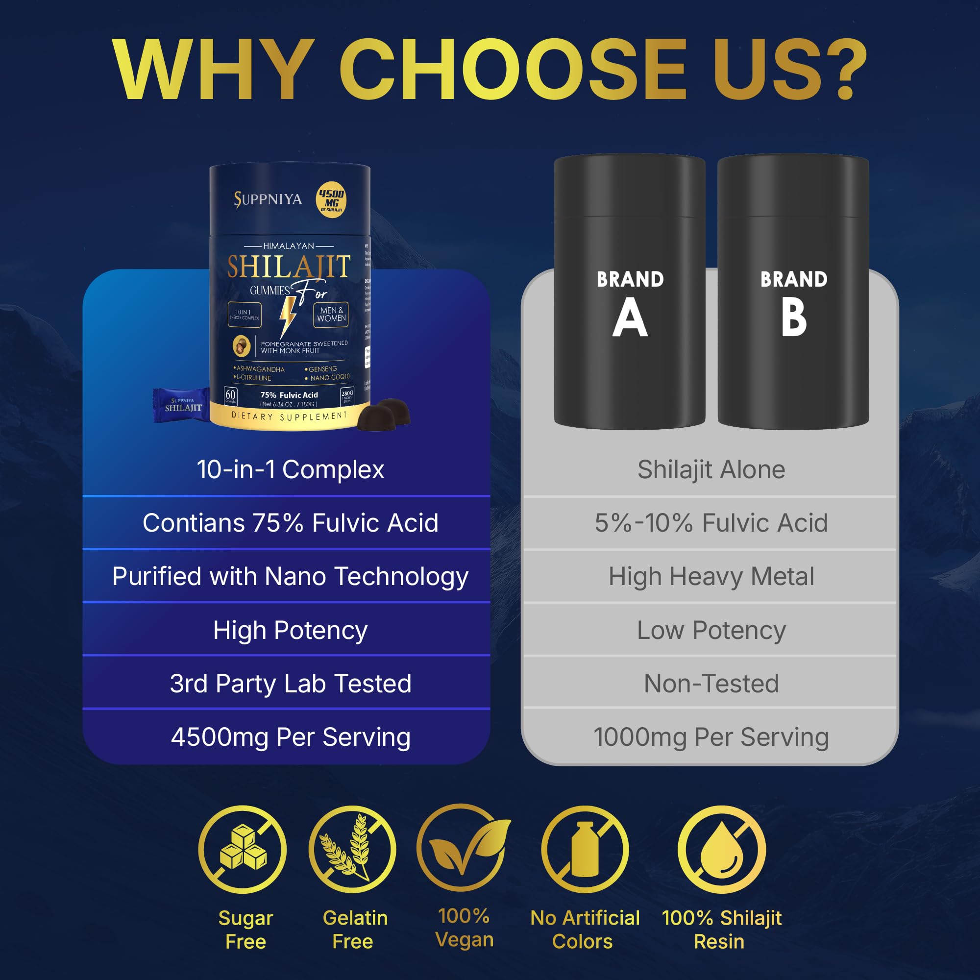 Comparison chart showing Suppniya 10-in-1 formula with 75% fulvic acid versus Brand A and Brand B